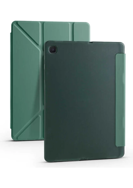 Case 4U Samsung Galaxy Tab S6 Lite P610 Kılıf Kalem Bölmeli Tri Folding Smart Standlı Pu Deri Arkası Yumuşak Silikon 360 Tam Koruma Koyu Yeşil