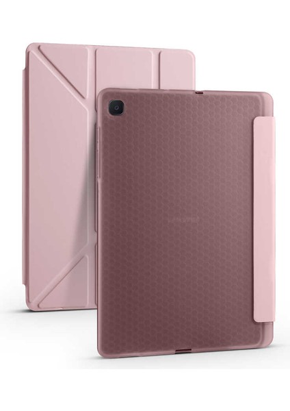 Samsung Galaxy Tab S6 Lite P610 Kılıf Kalem Bölmeli Tri Folding Smart Standlı Pu Deri Arkası Yumuşak Silikon 360 Tam Koruma Rose Gold