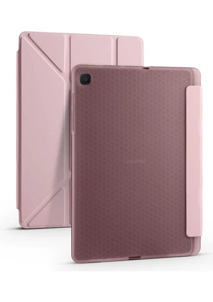 Case 4U Samsung Galaxy Tab S6 Lite P610 Kılıf Kalem Bölmeli Tri Folding Smart Standlı Pu Deri Arkası Yumuşak Silikon 360 Tam Koruma Rose Gold