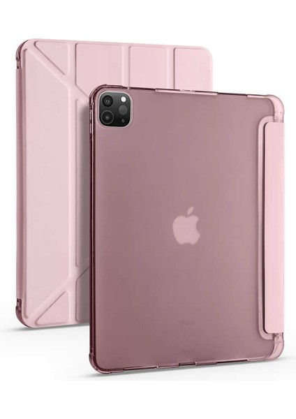 Apple iPad Pro 12.9 2020 Kılıf Kalem Bölmeli Tri Folding Smart Standlı Pu Deri Arkası Yumuşak Silikon 360 Tam Koruma Rose Gold