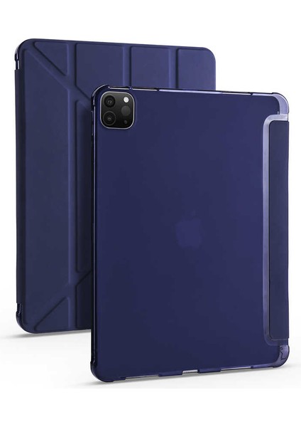 Apple iPad Pro 12.9 2020 Kılıf Kalem Bölmeli Tri Folding Smart Standlı Pu Deri Arkası Yumuşak Silikon 360 Tam Koruma Lacivert