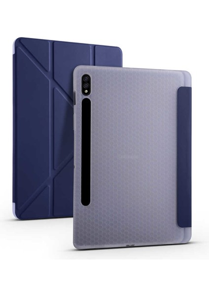 Samsung Galaxy Tab S7 T870 Kılıf Kalem Bölmeli Tri Folding Smart Standlı Pu Deri Arkası Yumuşak Silikon 360 Tam Koruma Lacivert