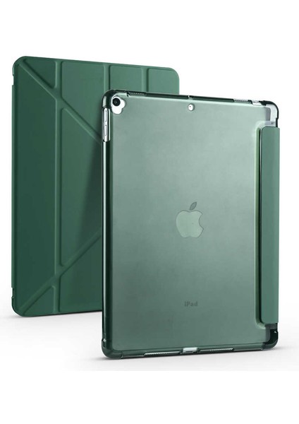 Apple iPad Pro 10.5 (7.Nesil) Kılıf Kalem Bölmeli Tri Folding Smart Standlı Pu Deri Arkası Yumuşak Silikon 360 Tam Koruma Koyu Yeşil