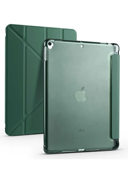 Case 4U Apple iPad Pro 10.5 (7.Nesil) Kılıf Kalem Bölmeli Tri Folding Smart Standlı Pu Deri Arkası Yumuşak Silikon 360 Tam Koruma Koyu Yeşil