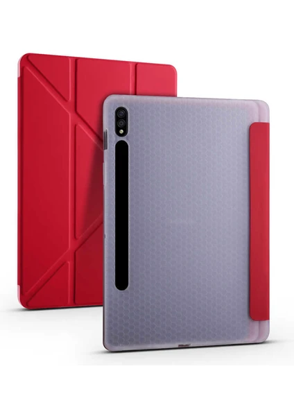 Case 4U Samsung Galaxy Tab S7 Plus T970 Kılıf Kalem Bölmeli Tri Folding Smart Standlı Pu Deri Arkası Yumuşak Silikon 360 Tam Koruma Kırmızı