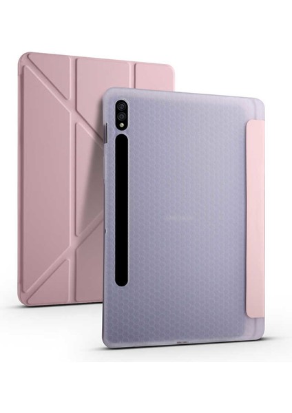 Samsung Galaxy Tab S7 Plus T970 Kılıf Kalem Bölmeli Tri Folding Smart Standlı Pu Deri Arkası Yumuşak Silikon 360 Tam Koruma Rose Gold