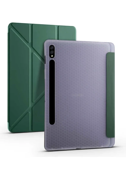 Case 4U Samsung Galaxy Tab S7 Plus T970 Kılıf Kalem Bölmeli Tri Folding Smart Standlı Pu Deri Arkası Yumuşak Silikon 360 Tam Koruma Koyu Yeşil