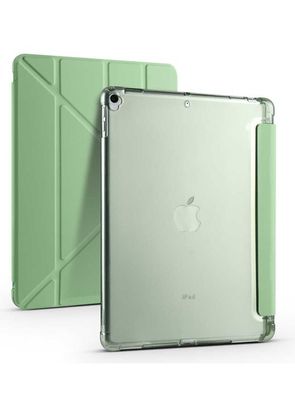 Case 4U Apple iPad 10.2 (8.Nesil) Kılıf Kalem Bölmeli Tri Folding Smart Standlı Pu Deri Arkası Yumuşak Silikon 360 Tam Koruma Açık Yeşil