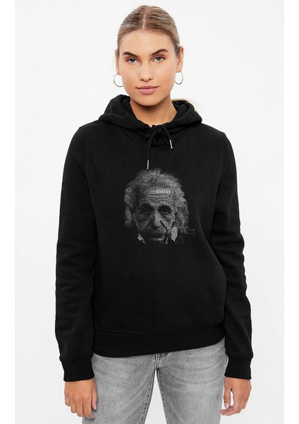 Albert Einstein Tipografi Baskılı Siyah Kadın Örme Kapşonlu Sweashirt Uzun Kol