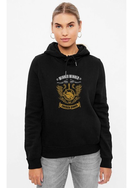 Pubg Chicken Dinner Baskılı Siyah Kadın Örme Kapşonlu Sweashirt Uzun Kol