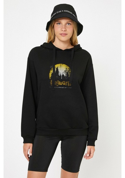 H P Hogwarts Apparel Books Visit Baskılı Siyah Kadın Örme Kapşonlu Sweashirt Uzun Kol