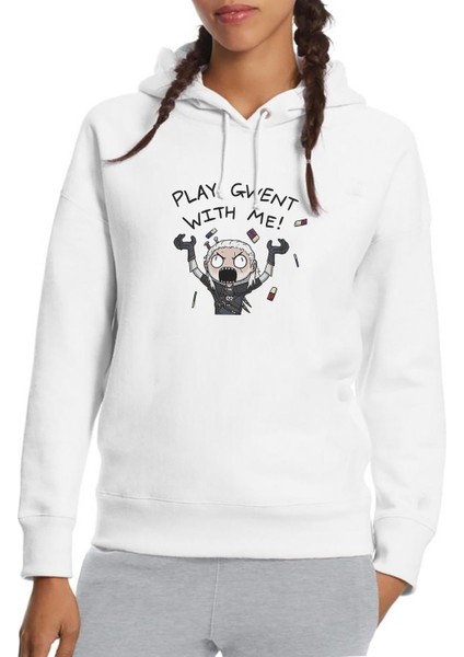 The Witcher Play Gwent With Me Baskılı Beyaz Kadın Örme Kapşonlu Sweatshirt Uzun Kol