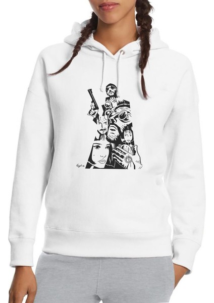 Leon & Mathilda The Professional Sevginin Baskılı Beyaz Kadın Örme Kapşonlu Sweatshirt Uzun Kol