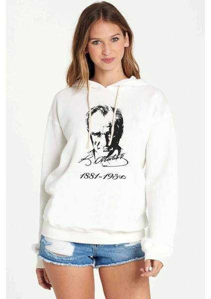 K Atatürk Imza 1881 1938 Baskılı Beyaz Kadın Örme Kapşonlu Sweatshirt Uzun Kol
