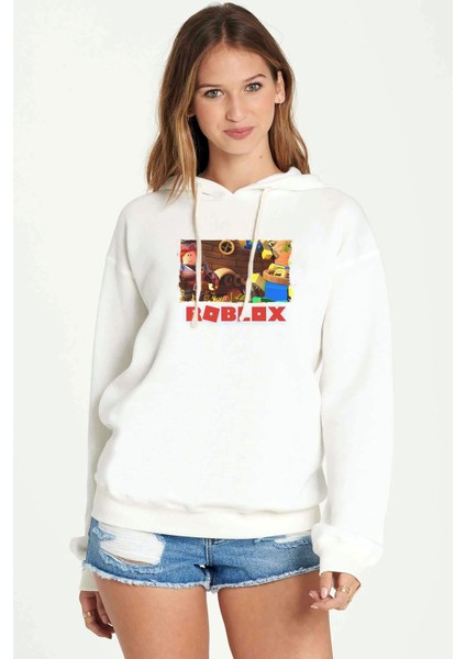 Roblox Baskılı Beyaz Kadın Örme Kapşonlu Sweatshirt Uzun Kol