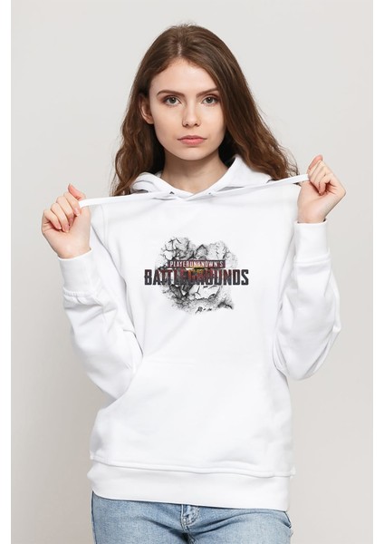Pubg Logo Tas Alev Baskılı Beyaz Kadın Örme Kapşonlu Sweatshirt Uzun Kol