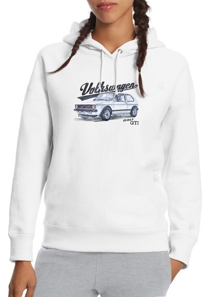 Wv Gti Baskılı Beyaz Kadın Örme Kapşonlu Sweatshirt Uzun Kol