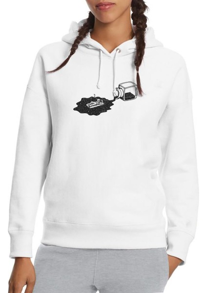 Astronot Güneşlenen Astronot Baskılı Beyaz Kadın Örme Kapşonlu Sweatshirt Uzun Kol