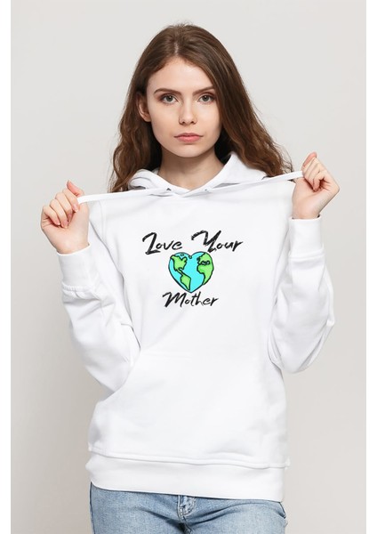 Mother Earth Love Your Mother Baskılı Beyaz Kadın Örme Kapşonlu Sweatshirt Uzun Kol