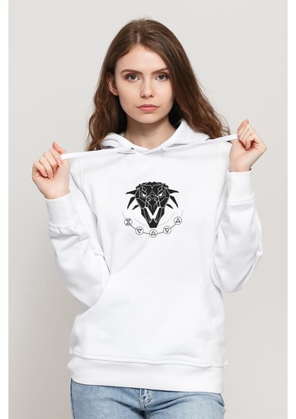 The Witcher School Of The Griffin Baskılı Beyaz Kadın Örme Kapşonlu Sweatshirt Uzun Kol