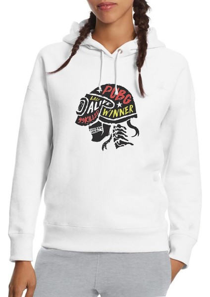 Pubg Helmet Kurukafa Skull Baskılı Beyaz Kadın Örme Kapşonlu Sweatshirt Uzun Kol