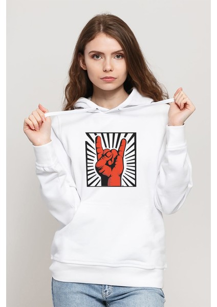 Rock'n Roll El Işareti Baskılı Beyaz Kadın Örme Kapşonlu Sweatshirt Uzun Kol