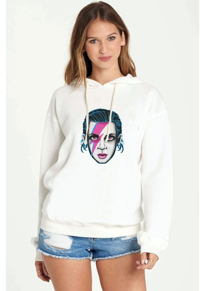 Stranger Things The Bitchin Baskılı Beyaz Kadın Örme Kapşonlu Sweatshirt Uzun Kol