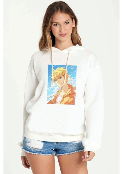Anime Naruto Asialogy Baskılı Beyaz Kadın Örme Kapşonlu Sweatshirt Uzun Kol