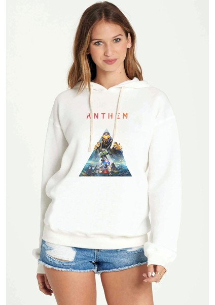 Anthem Logo Baskılı Beyaz Kadın Örme Kapşonlu Sweatshirt Uzun Kol