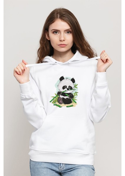 Panda Baskılı Beyaz Kadın Örme Kapşonlu Sweatshirt Uzun Kol