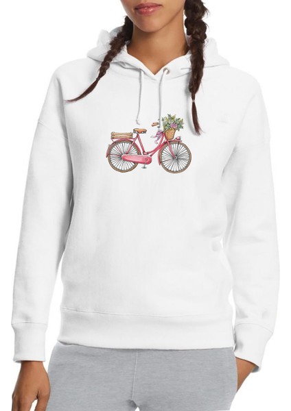 Bisiklet Gül Sepetli Pembe Bisiklet Baskılı Beyaz Kadın Örme Kapşonlu Sweatshirt Uzun Kol