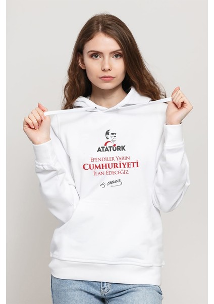 29 Ekim Cumhuriyetin Ilanı Baskılı Beyaz Kadın Örme Kapşonlu Sweatshirt Uzun Kol