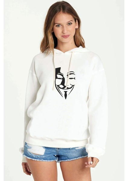 Vandetta Baskılı Beyaz Kadın Örme Kapşonlu Sweatshirt Uzun Kol