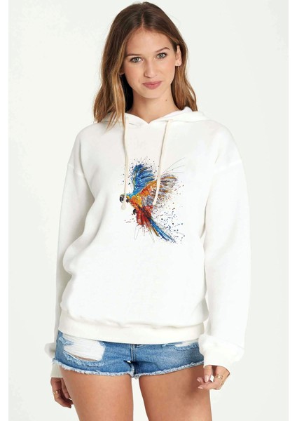 Papağan Sulu Boya Damlamalı Baskılı Beyaz Kadın Örme Kapşonlu Sweatshirt Uzun Kol