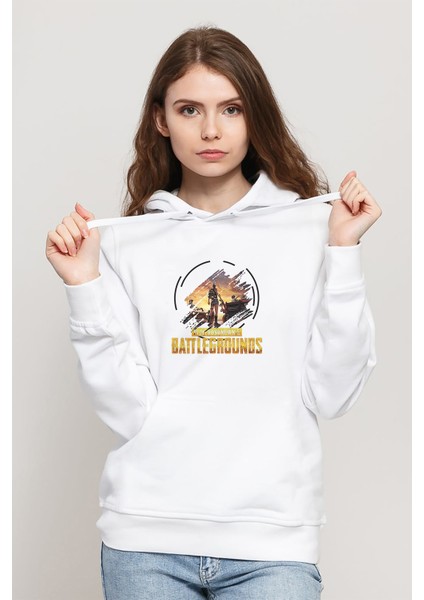 Pubg Playerunknowns Pubg Cember Baskılı Beyaz Kadın Örme Kapşonlu Sweatshirt Uzun Kol