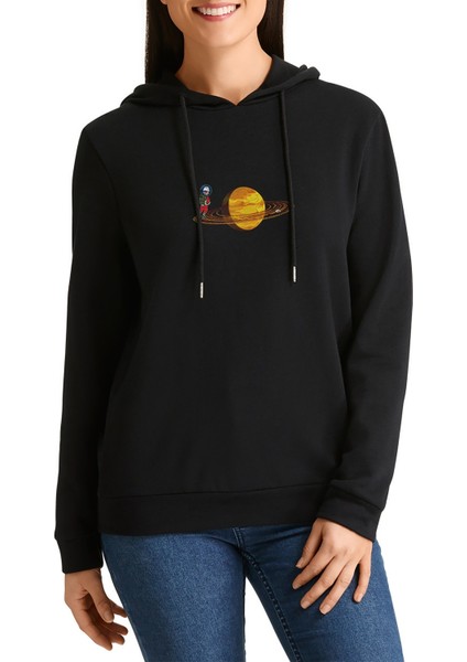 Saturn Uzay Astronot T Shirt Baskılı Siyah Kadın Örme Kapşonlu Sweashirt Uzun Kol