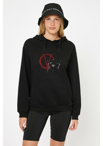 V For Vendetta 2 Baskılı Siyah Kadın Örme Kapşonlu Sweashirt Uzun Kol