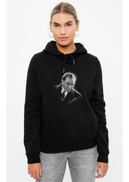 Atatürk Portre Baskılı Siyah Kadın Örme Kapşonlu Sweashirt Uzun Kol