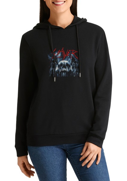 Slayer B Sides & Rarities Slayer Baskılı Siyah Kadın Örme Kapşonlu Sweashirt Uzun Kol