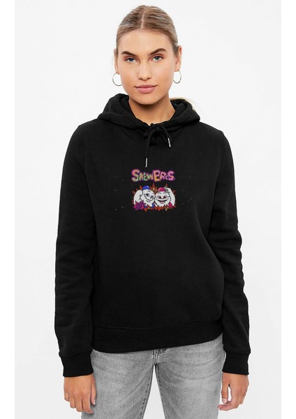 Snow Bros Nıck And Tom Baskılı Siyah Kadın Örme Kapşonlu Sweashirt Uzun Kol