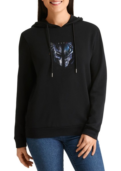 Avp Alien Vs Predator Metal Rock Baskılı Siyah Kadın Örme Kapşonlu Sweashirt Uzun Kol