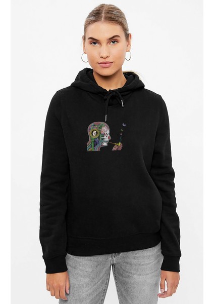 Soen Cognitive Rasta Lion Baskılı Siyah Kadın Örme Kapşonlu Sweashirt Uzun Kol