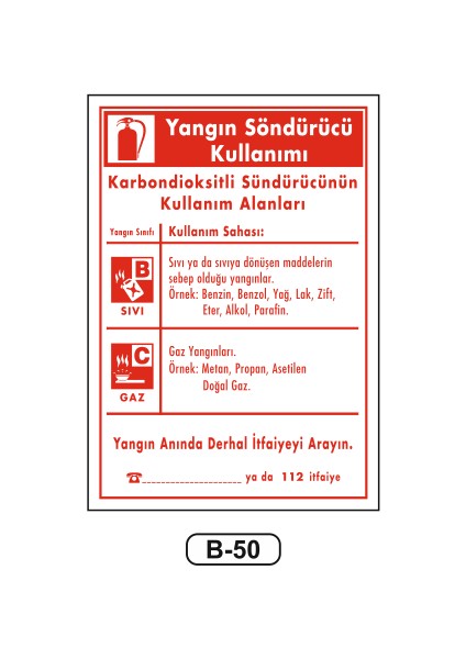 Karbondioksitli Yangın Söndürücü Kullanımı Uyarı Ikaz Levhası 35 x 50 cm