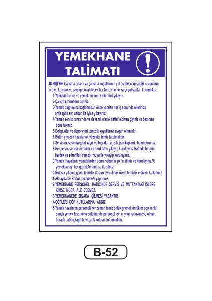 Yemekhane Talimatı Uyarı Ikaz Levhası 35 x 50 cm