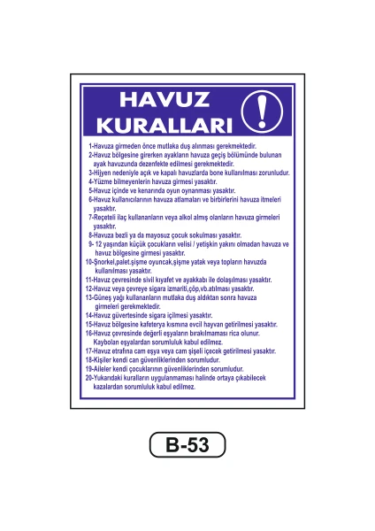 Havuz Kuralları Uyarı Ikaz Levhası 35 x 50 cm