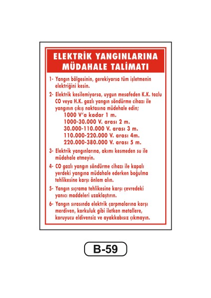 Elektrik Yangınlarına Müdahale Talimatı Uyarı Ikaz Levhası 35 x 50 cm