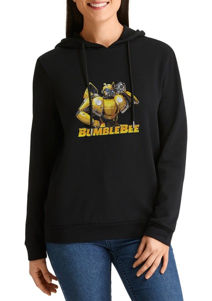 Transformers Bumblebee Music Black Baskılı Siyah Kadın Örme Kapşonlu Sweashirt Uzun Kol