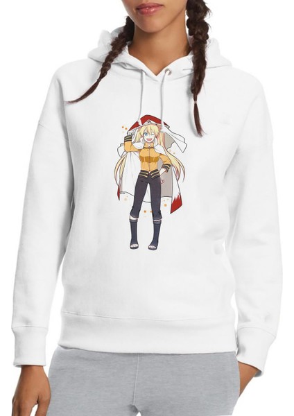 Anime Naruto Baskılı Beyaz Kadın Örme Kapşonlu Sweatshirt Uzun Kol