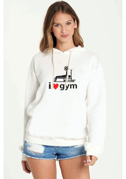 I Love Gym Baskılı Beyaz Kadın Örme Kapşonlu Sweatshirt Uzun Kol