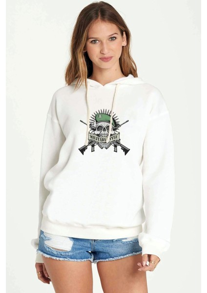 Askeri Mılıtary Style Baskılı Beyaz Kadın Örme Kapşonlu Sweatshirt Uzun Kol